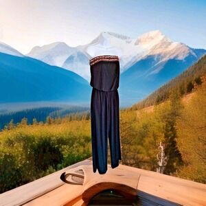 Cache Jumpsuit M Black Bejeweled Bandeau Top Elastic Waist Wide Leg Spandex